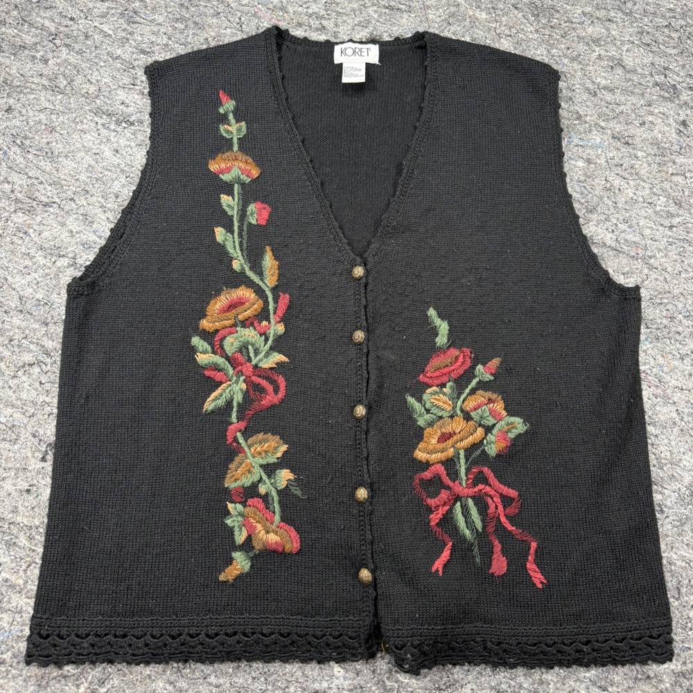 Koret Vintage Black Knit Floral Embroidered Sweater Vest Wool Blend Large